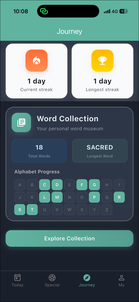 Squaredle - Squaredle Journey-Bildschirm mit täglichen Serien, insgesamt gefundenen Wörtern und einem Fortschrittstracker für das Alphabet