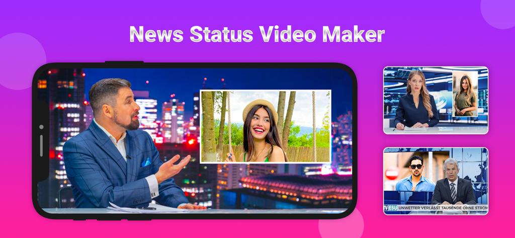 A smartphone screen showing the News Status Video Maker app with a news reporter template and customizable photo insert.