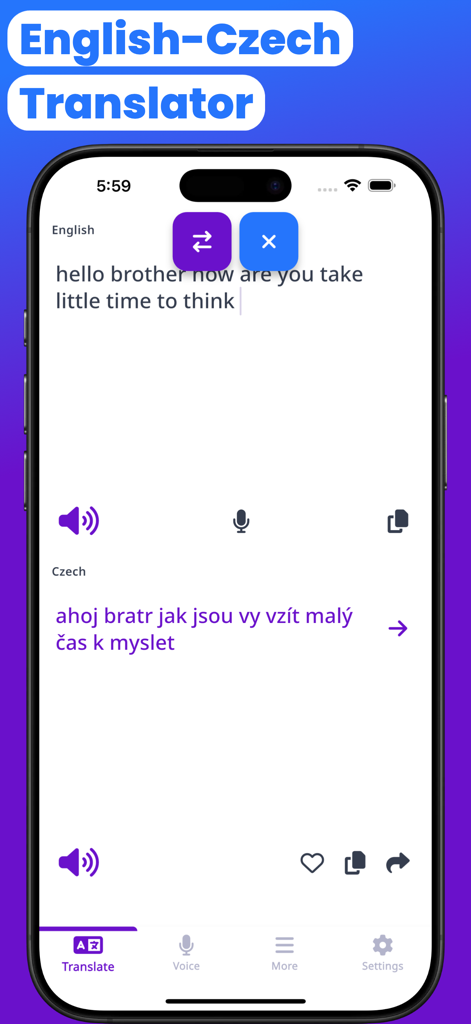Captura de pantalla de la interfaz de la aplicación Traductor Checo-Inglés que muestra una traducción de una oración del inglés al checo