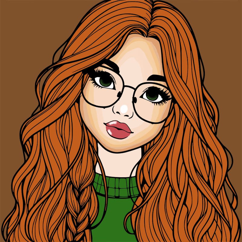 girl with long hair and freckles and glasses realistic