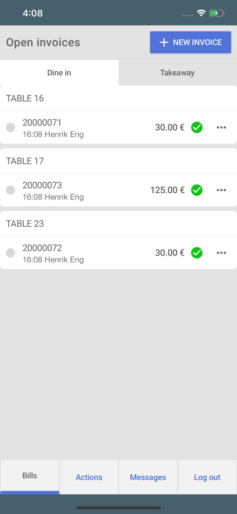 CompuCash POS interface showing open invoices for restaurant tables with dine-in and takeaway options