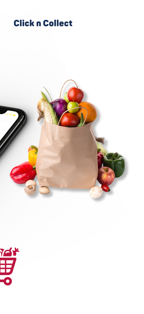 Una bolsa de papel para comestibles llena de verduras y frutas frescas, destacando el servicio de Recoger en Tienda