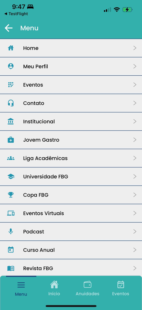 FBG - Gastroenterologia - Pantalla del menú principal de la aplicación FBG Gastroenterologia mostrando recursos científicos y profesionales