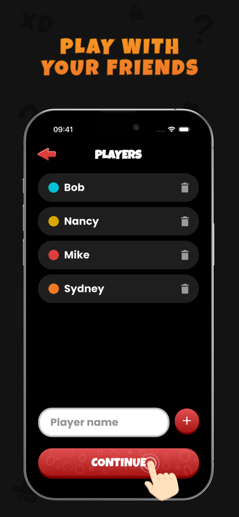 Fake It - Guess The Imposter - A smartphone screen displaying the player registration list for the Fake It social deduction party game