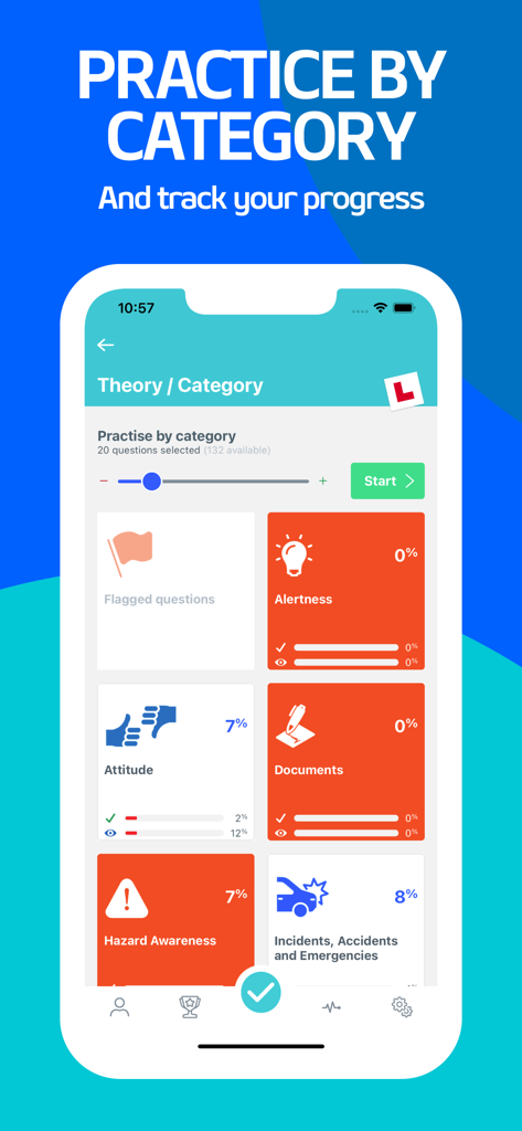 The Complete Theory Test 2026 - A mobile app screen showing driving theory test practice categories like alertness and hazard awareness with progress tracking.