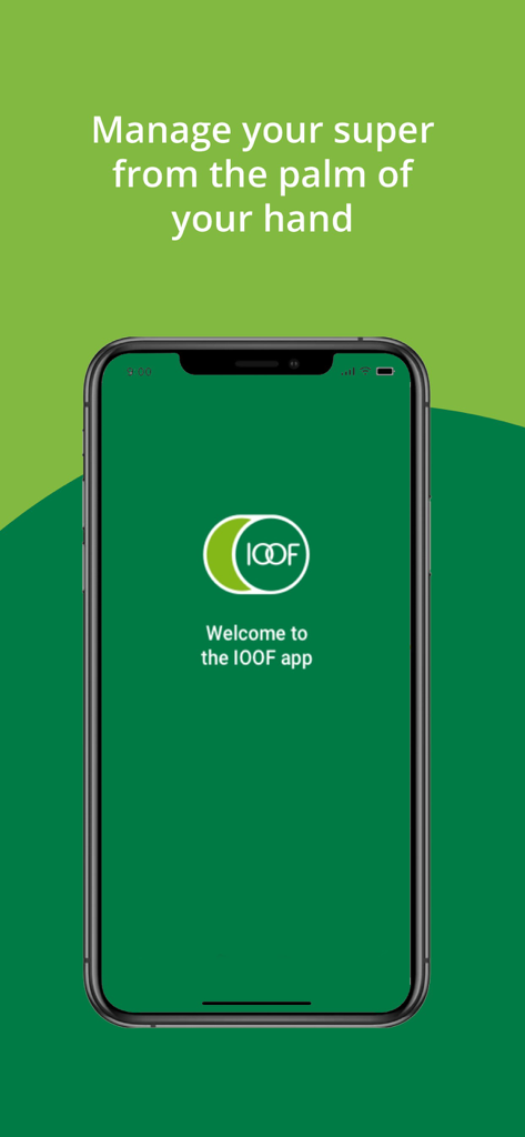 Welcome screen of the IOOF mobile app for managing superannuation accounts.