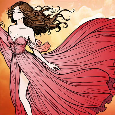 realistic woman in dress flowing the the wind