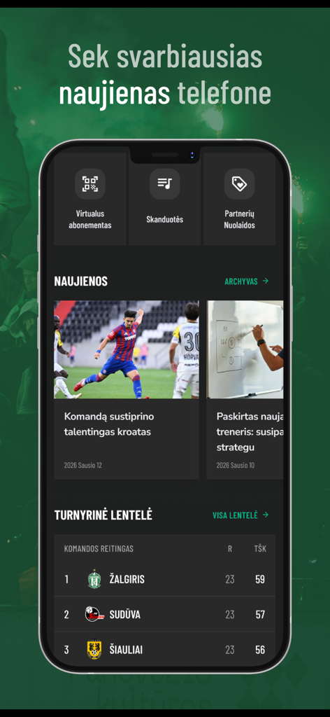 FK Žalgiris - Interface de l'application FK Zalgiris montrant les actualités de l'équipe et le tableau du classement actuel de la ligue.