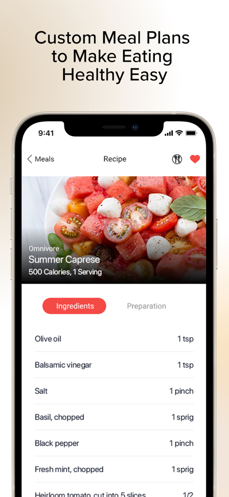 Jillian Michaels | Fitness App - Benutzeroberfläche der Jillian Michaels Fitness App mit einem individuellen Sommer-Caprese-Rezept und Zutatenliste.