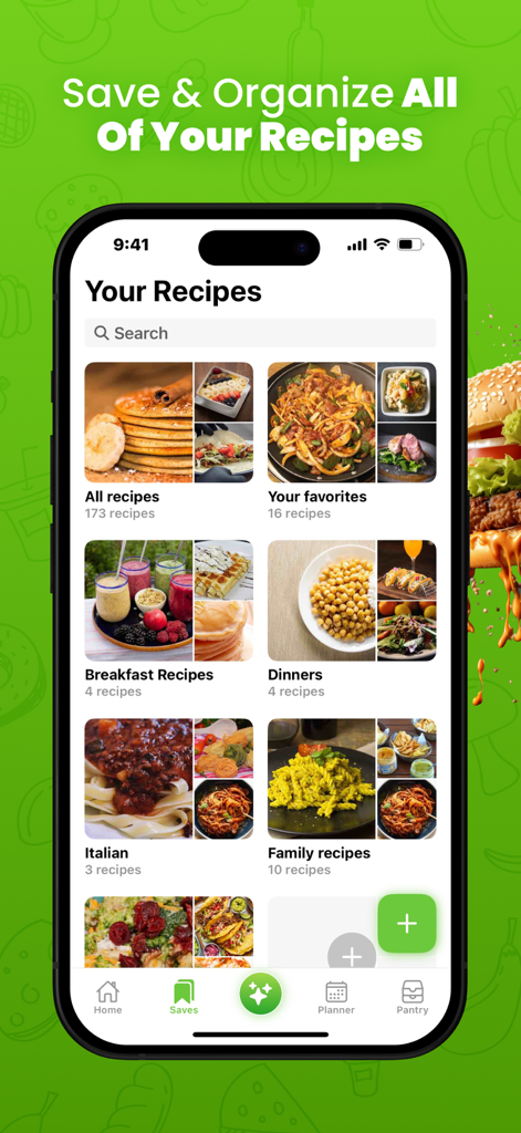 Interfaz de la aplicación móvil Cookpanion que muestra una colección de recetas guardadas organizadas por categorías como favoritas y cenas