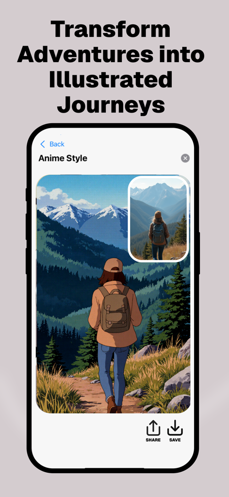 Uma mulher fazendo trilha nas montanhas transformada em uma ilustração estilo anime usando o aplicativo Filtro de Fotos de Anime.