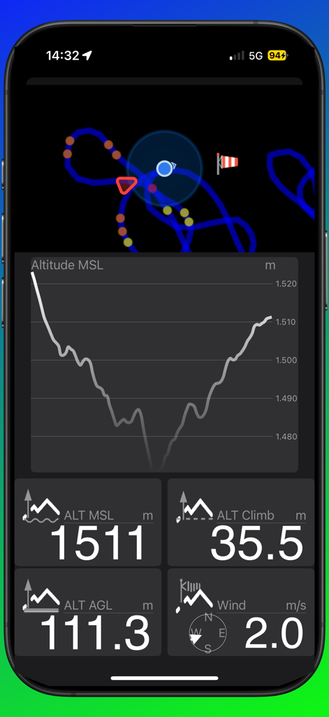 eVario2  - Variometer Pro - Cabina de vuelo eVario2 que muestra el gráfico de altitud y las métricas de vuelo en tiempo real