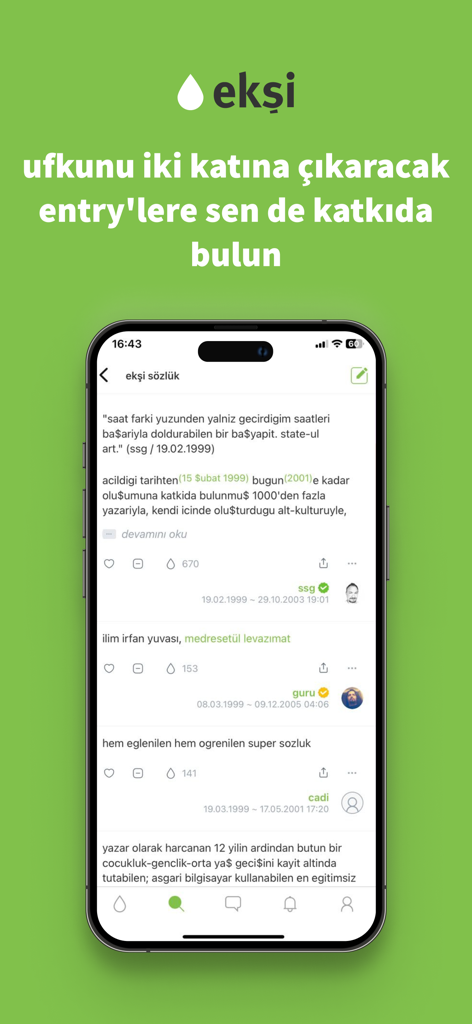 ekşi - Una captura de pantalla de la interfaz de la aplicación móvil Eksi Sozluk que muestra entradas de la comunidad e interacciones de usuarios en un iPhone.