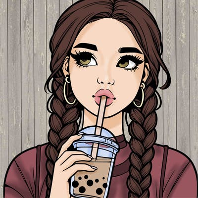 realistic girl with braided hair drinking boba