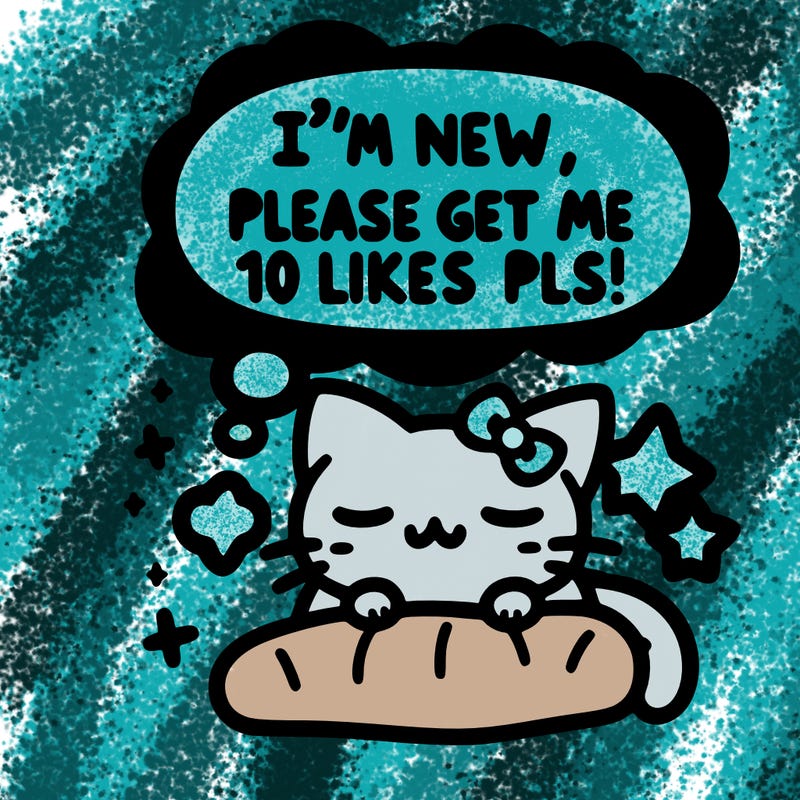 kitty taking a nap dream talking and saying "i'm new, please get me at least 10 likes pls!!"