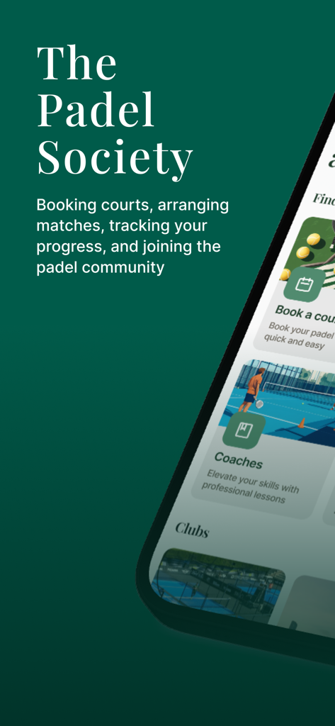The Padel Society - Écran de l'application The Padel Society pour réserver des terrains et trouver des entraîneurs.