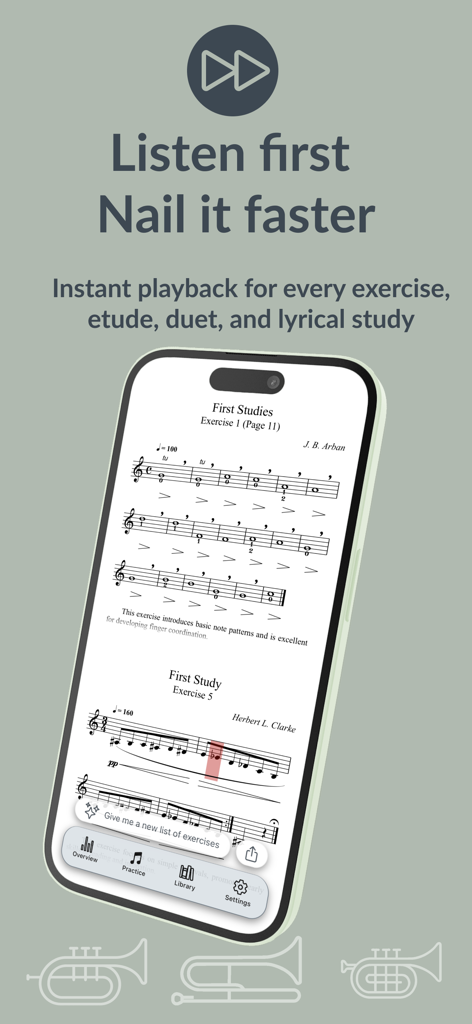 Interface do aplicativo Neotones exibindo partituras digitais para trompete e instrumentos de metais com reprodução de áudio instantânea