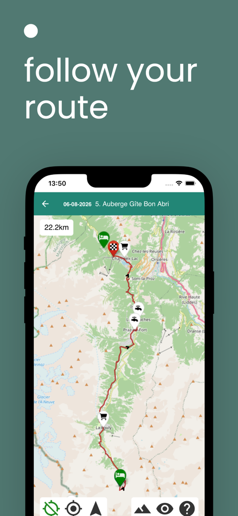 TMBmap - TMBmap mobile application showing a detailed trekking route on a map for the Tour du Mont Blanc