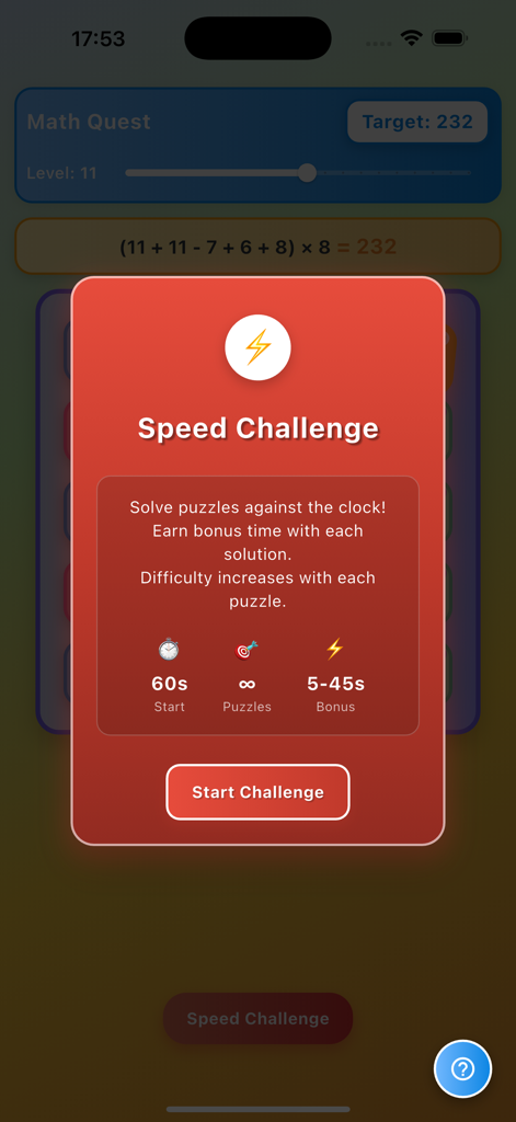 Math Quest: Brain Training - Ventana emergente de Desafío de Velocidad en la aplicación Math Quest mostrando las reglas y el botón de inicio para puzzles de matemáticas cronometrados.