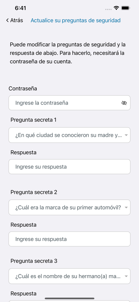 Interface for updating security questions and answers in the GA Gateway mobile app