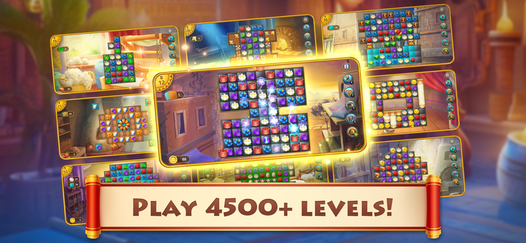 A collage showing various match 3 puzzle levels and ancient Egypt backgrounds in the Cradle of Empires game