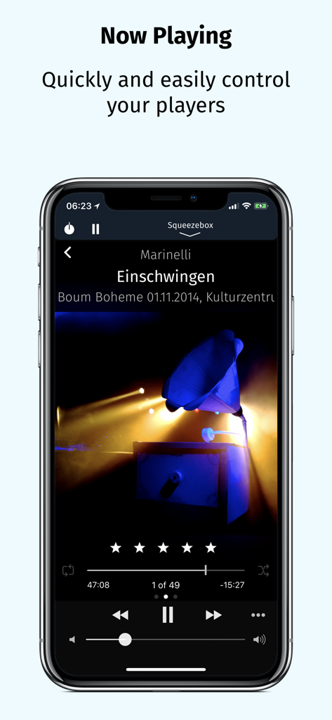 iPeng - iPeng 9 music remote app showing the Now Playing screen with playback controls and album artwork on an iPhone.