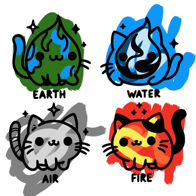4 cats that represent the different elements, earth, water, air, and fire