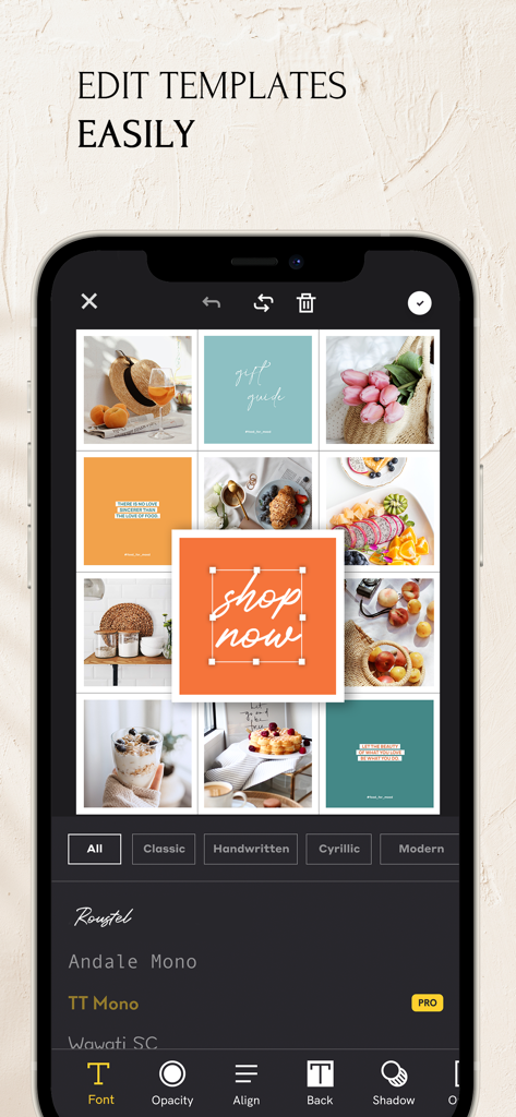 A mobile phone screen showing the Feeds app interface for editing an Instagram grid template with text and font customization options.