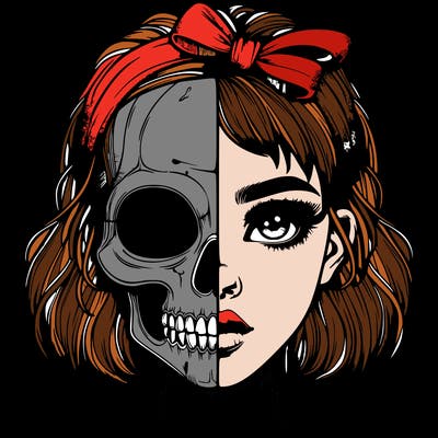realistic girl with half skull mask