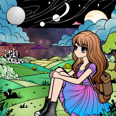 realistic girl sitting on far away hill in a magical world