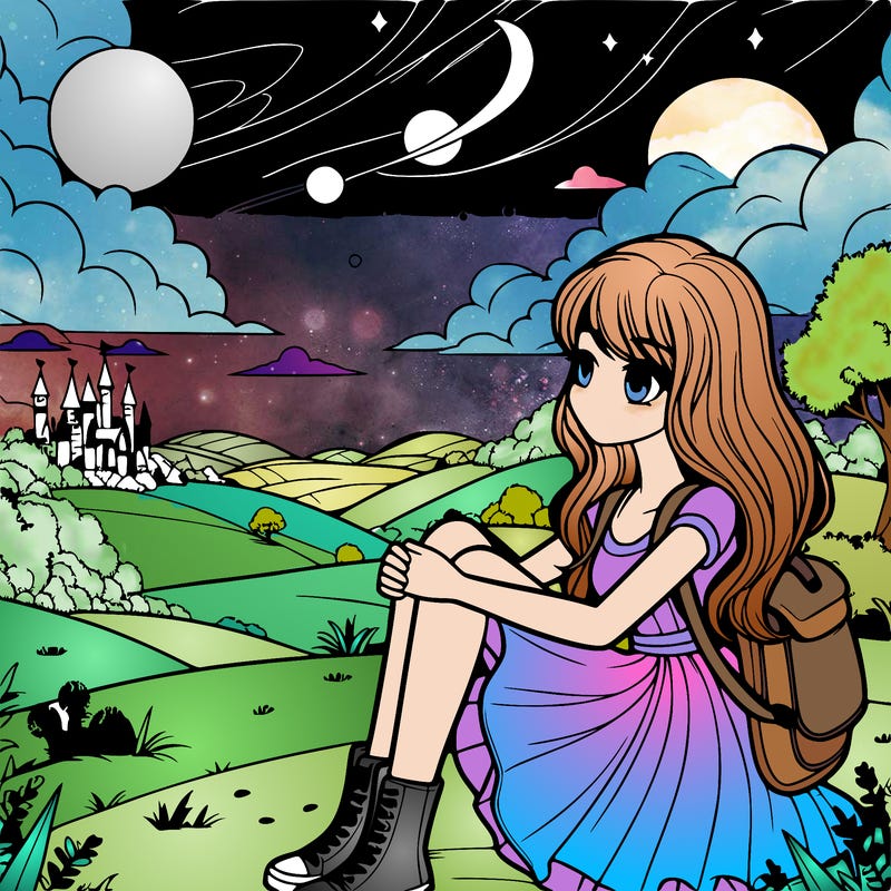 realistic girl sitting on far away hill in a magical world
