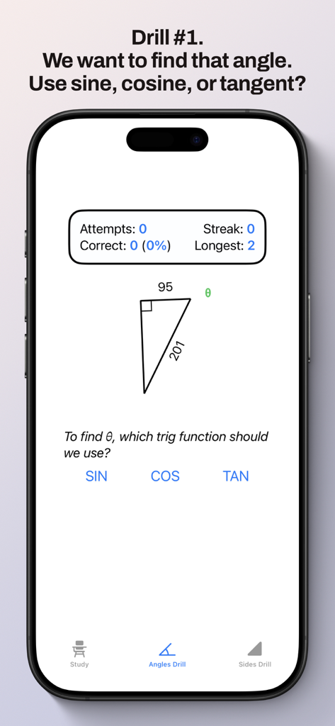 SOH CAH TOA - A trigonometry drill screen in the SOH CAH TOA app where users identify the correct trig function for a right-angled triangle.