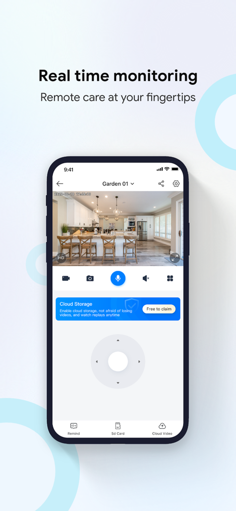 Real time monitoring interface of the cam720 security app showing a home kitchen video feed