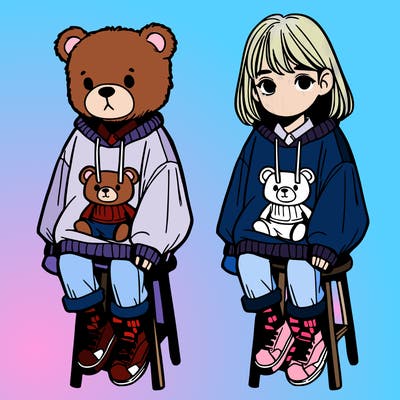 girl in a teddy bear s baggy sweatshirt sitting on a stool