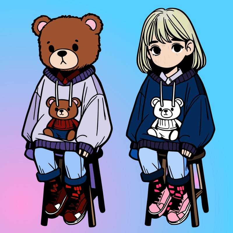 girl in a teddy bear s baggy sweatshirt sitting on a stool