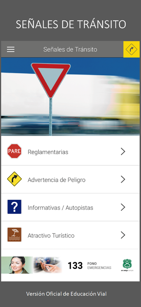 Educación Vial - Schermata dell'app Educación Vial che visualizza le categorie di segnali stradali cileni come segnali normativi e di avvertimento