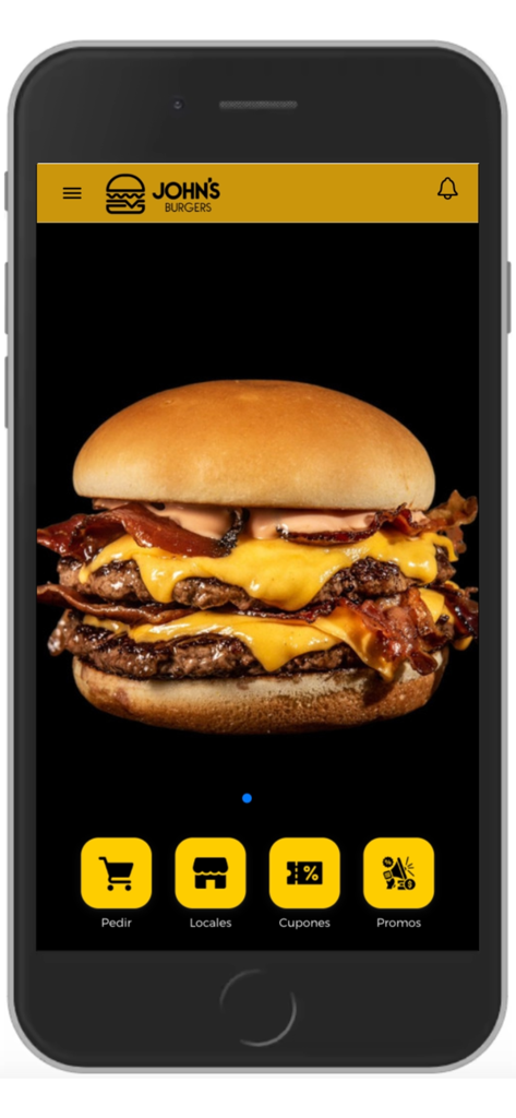 John´s Burgers 2.0 - Johns Burgers 2.0モバイルアプリのホーム画面。大きなダブルベーコンチーズバーガーと、注文やクーポン用のメニューアイコンが表示されています。