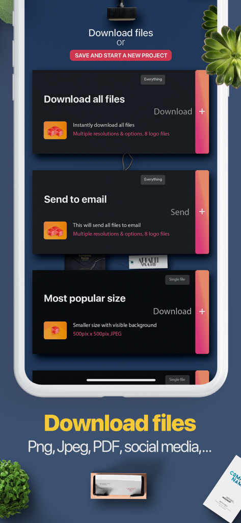 Download screen of the AI Logo Maker app showing various file export options for branding