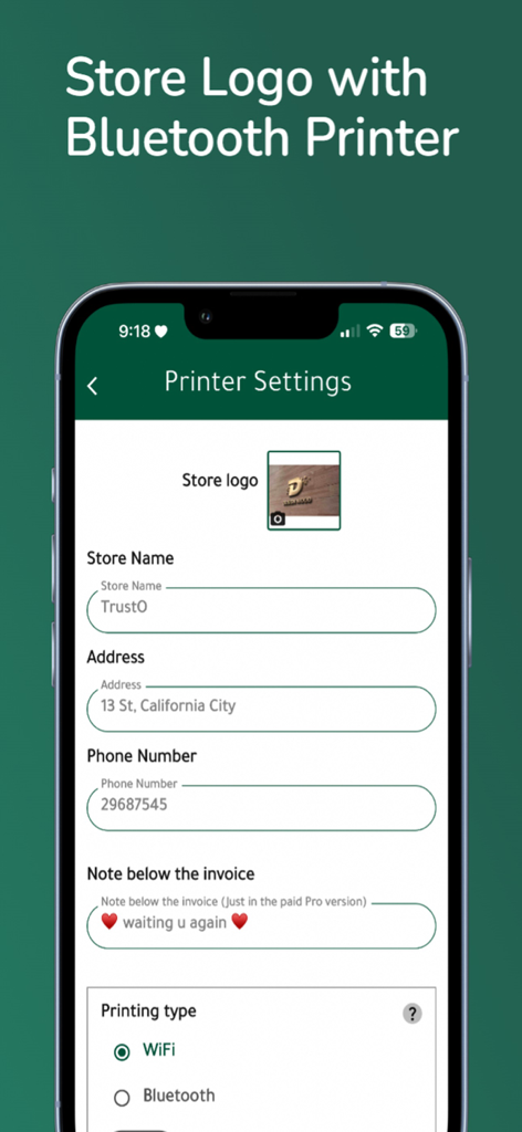 Prosto إدارة المخزن والمبيعات - Prostoアプリのプリンター設定画面。店舗ロゴ、名称、住所、請求書メモをカスタマイズ用