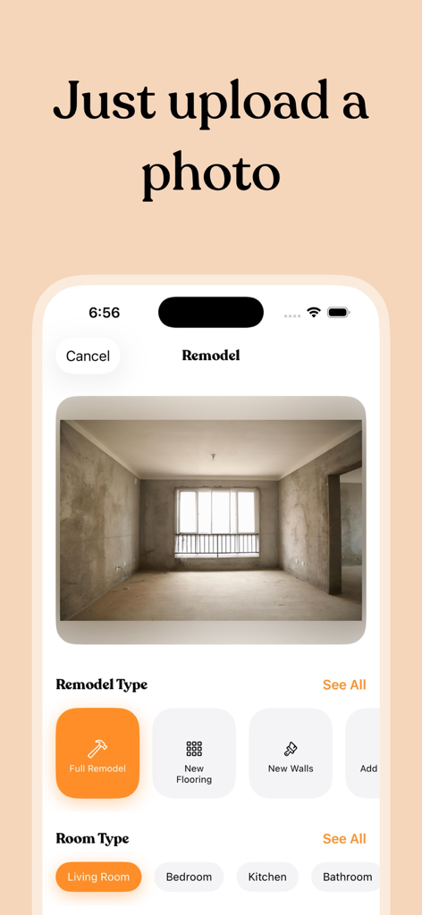 Interface do aplicativo AI Home Design para enviar uma foto de cômodo e selecionar opções de reforma