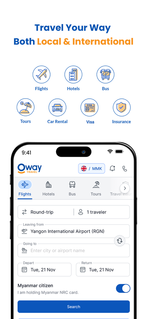 Oway Travel mobile app interface for booking domestic and international flights in Myanmar