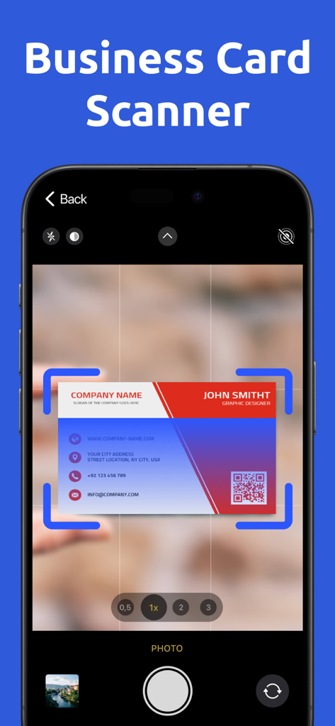 Digital Business Card Scannerㅤ - Smartphone camera scanning a physical business card with the Digital Business Card Scanner app interface.