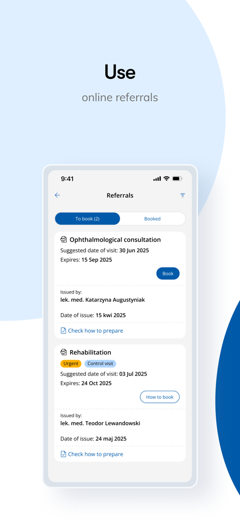 Interface of the LUX MED app showing a list of medical referrals available for booking
