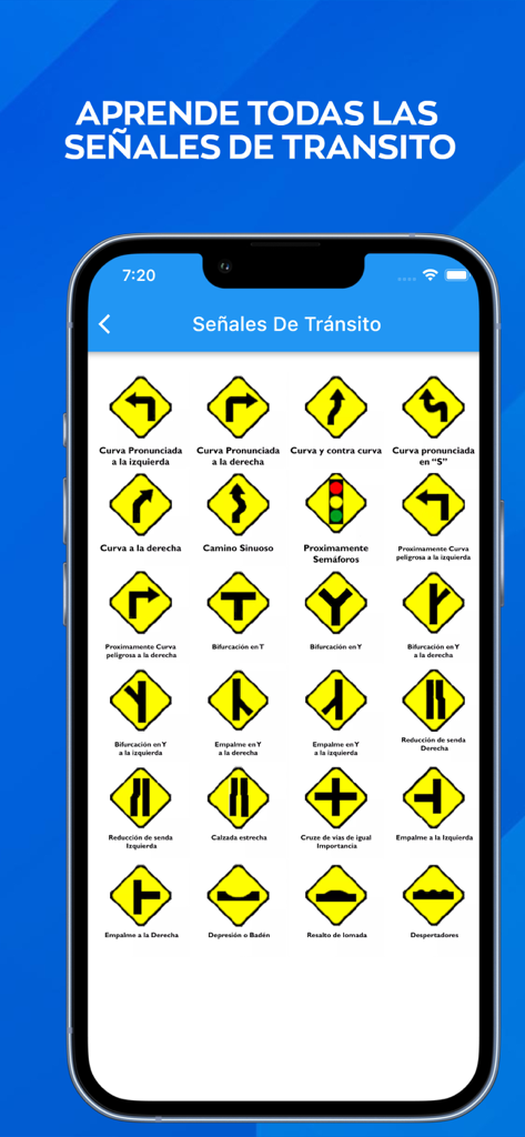 ConducirTest - Mobile app screen showing a library of yellow traffic signs with Spanish descriptions for driving test preparation.