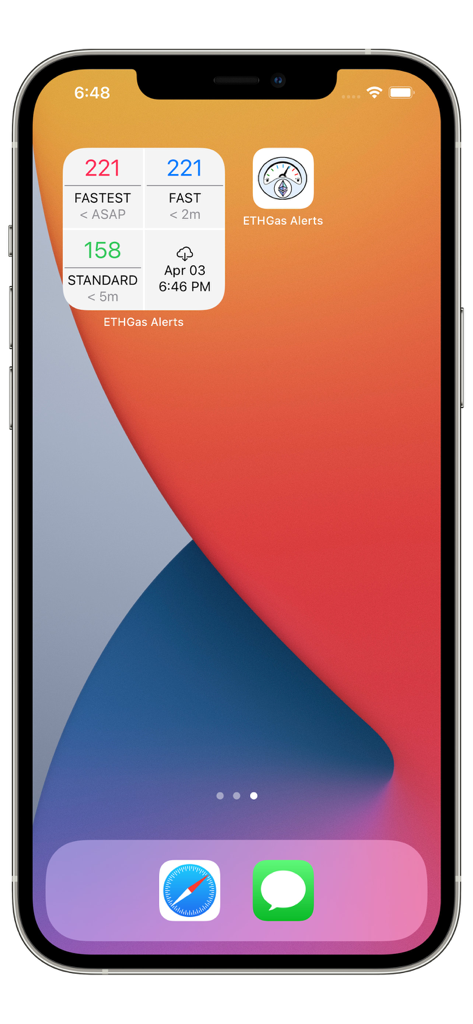 ETHGas Alerts - iPhone home screen displaying the ETHGas Alerts widget with current Ethereum gas prices