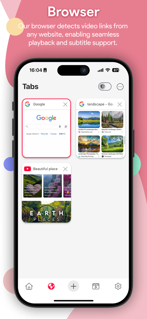 aPlayer - Video Play, Web Cast - A mobile interface showing multiple browser tabs in the aPlayer app for detecting and playing web videos