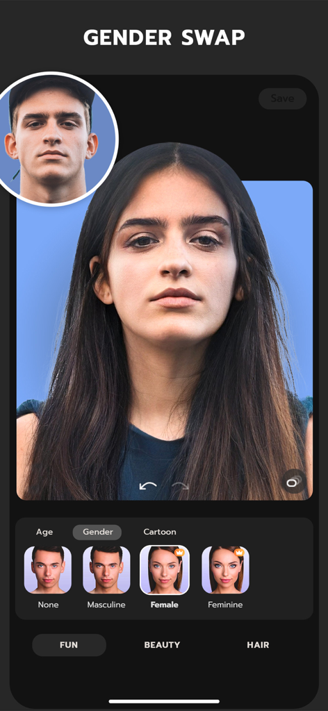 FaceLab App-Oberfläche, die die KI-Geschlechtertausch-Transformation von männlich zu weiblich zeigt.