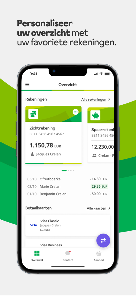 Crelan Mobile Banking App Dashboard mit Kontoständen und Zahlungskarten auf einem Smartphone-Bildschirm