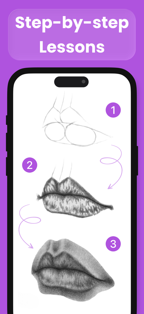 A mobile app screen showing a three-step drawing tutorial for sketching and shading realistic lips.