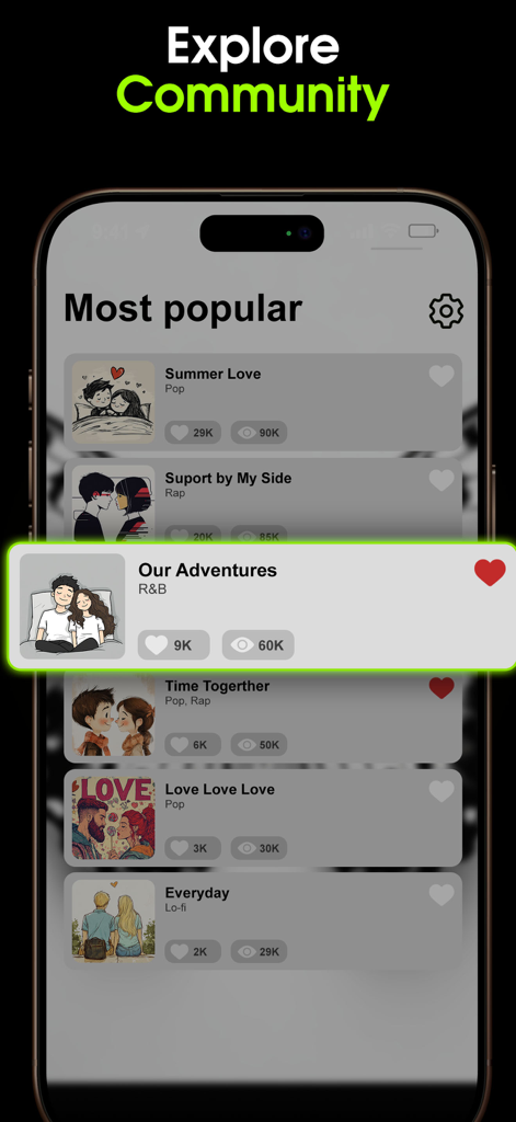 The Explore Community screen of the Zuka app featuring a list of popular AI-generated songs with view and like counts.
